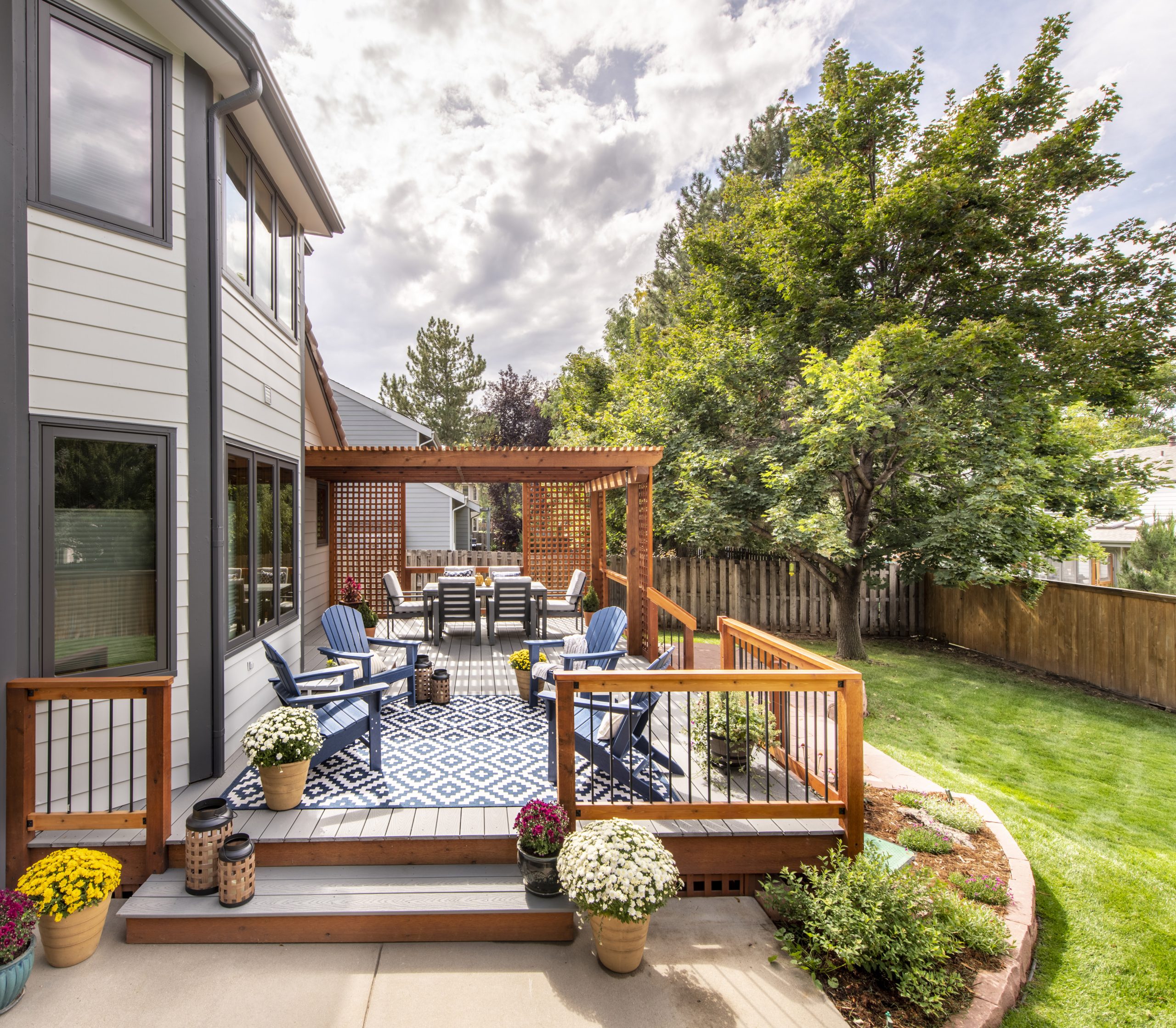 New Wood Deck with Pergola and Landscaping